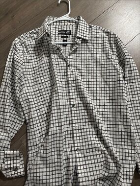 JM Collection White Shirt with Black Grid-Check Large
